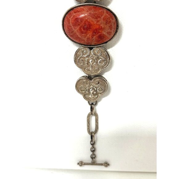 Vintage Marked Sterling Silver & Red Stone Adjustable Bracelet Estate Jewelry - Picture 3 of 13